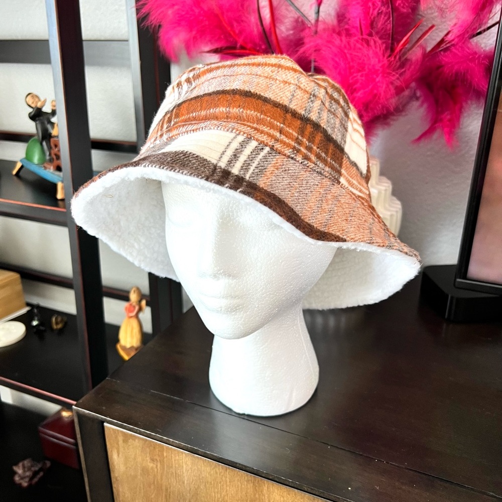 World Market Reversible Sherpa Plaid Bucket Hat